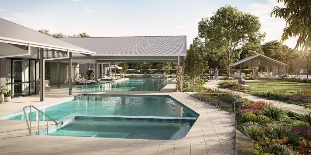 Modern outdoor pool and landscaped community gardens