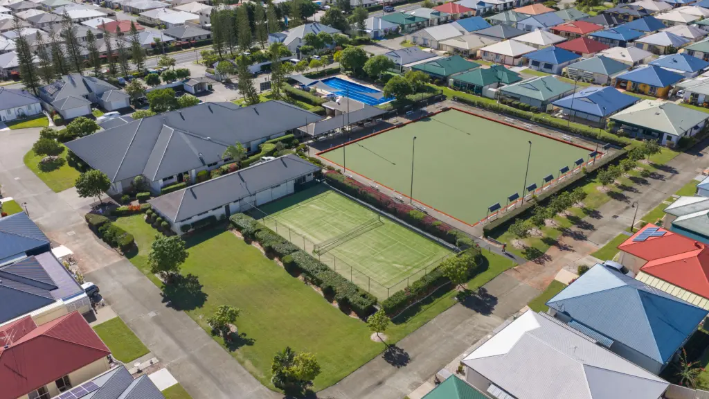 Aerial view of suburban bowling green and courts