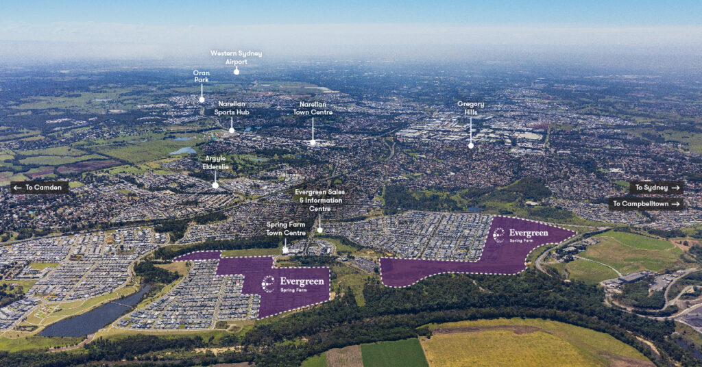 Aerial view of a suburban area in Spring Farm NSW showing two highlighted sections labeled "Evergreen," with nearby landmarks and towns labeled, including shopping centers, parks, and roads leading to Sydney and Camden.
