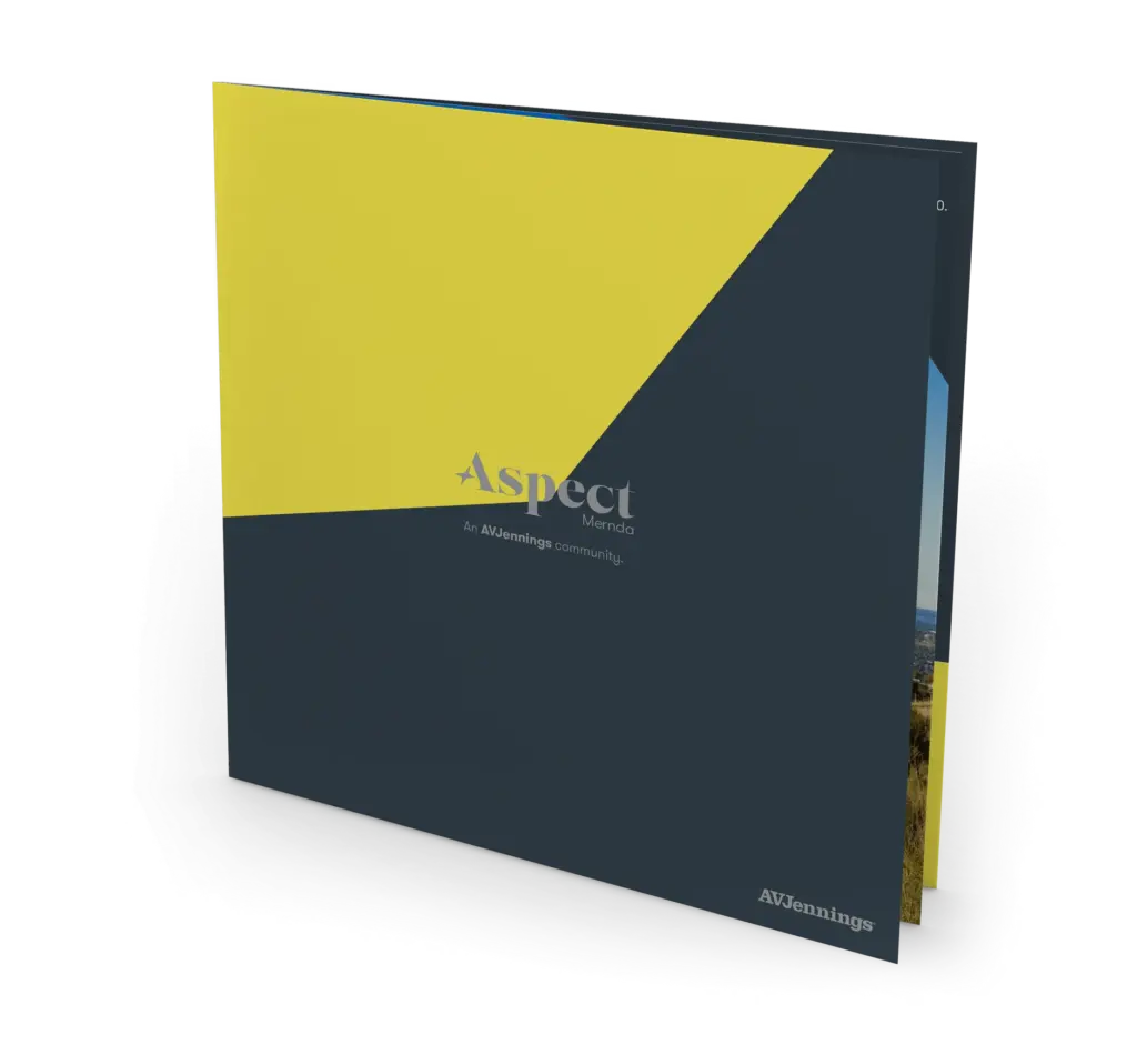 A square catalog with a dark blue and yellow geometric cover design titled "Aspect" with smaller text reading "An AVJennings community." The AVJennings logo appears at the bottom right corner.