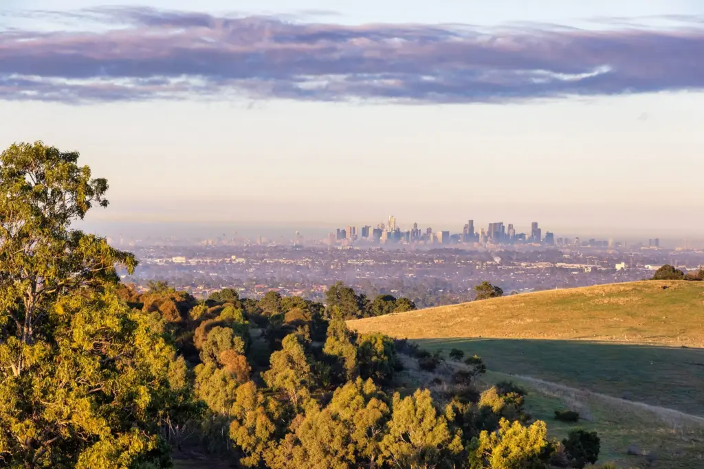 A scenic view of a grassy hill with trees in the foreground and a distant city skyline under a cloudy sky at sunrise or sunset.