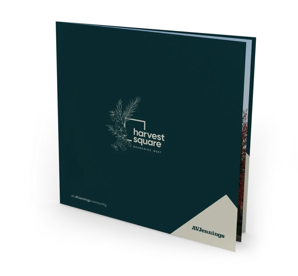 A booklet with a dark green cover featuring the "Harvest Square" logo, a botanical illustration, and text reading "An AVJennings community" and "AVJennings" in the bottom corners.