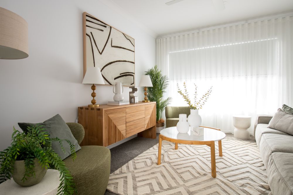 Modern living room with wooden sideboard and plants