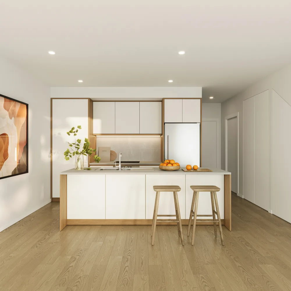 Modern minimalist kitchen with island and wooden stools
