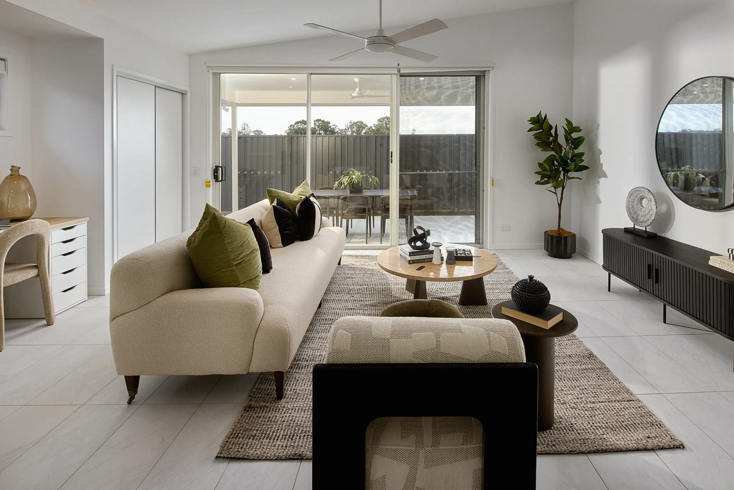 Modern living room with sofa and sliding doors