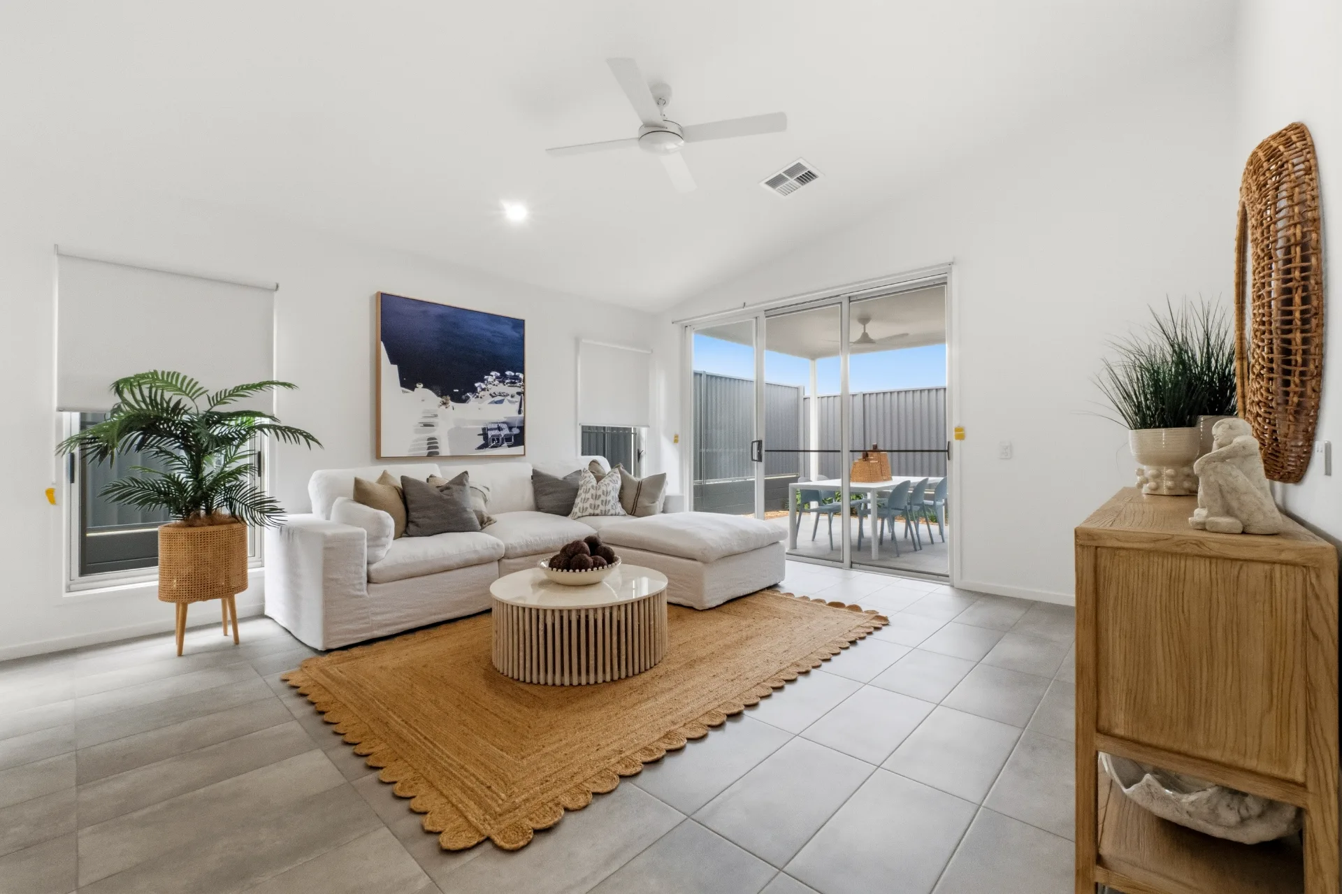 Modern living room with sofa and patio access